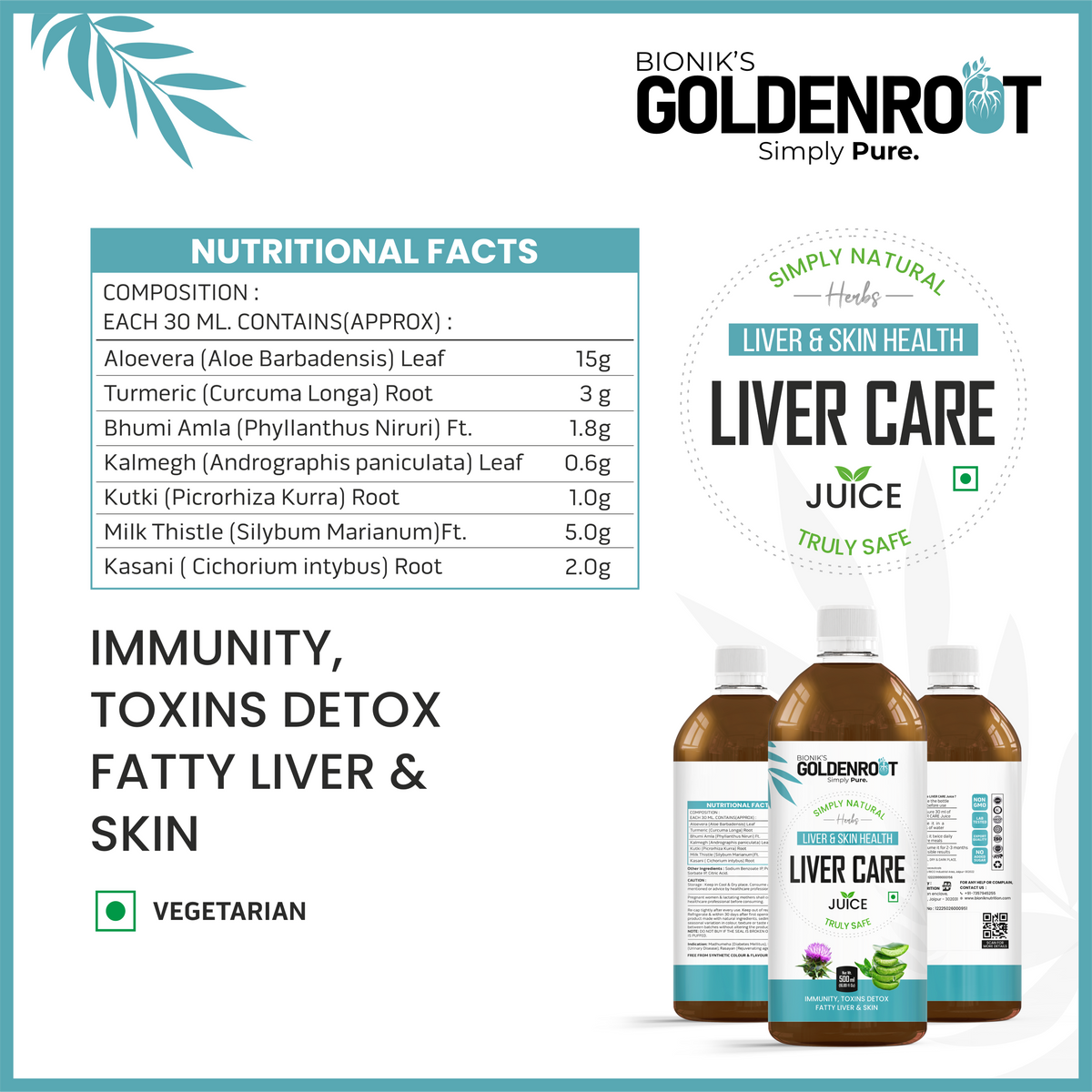 GoldenRoot Organic Fruit Juice bottle featuring herbal liver wellness ingredients, 500 ml Bionik GoldenRoot Liver Care Juice.