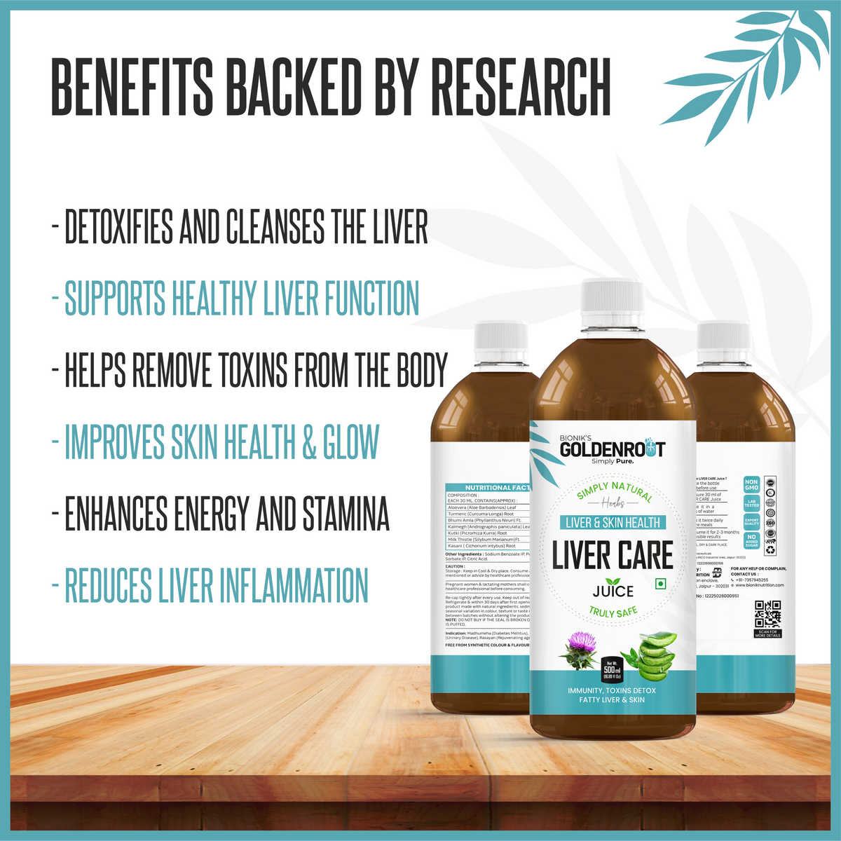 Bionik GoldenRoot Liver Care Juice, organic herbal fruit juice in 500ml bottle, supporting liver wellness and detoxification.