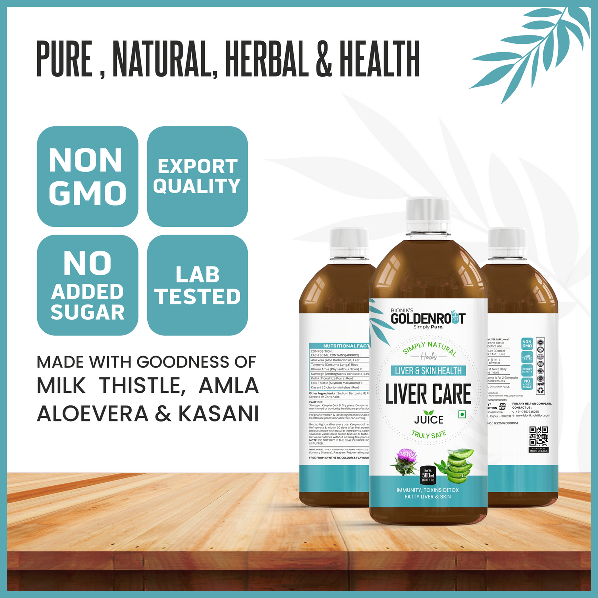 Bionik GoldenRoot Liver Care Juice in a 500ml bottle, organic herbal fruit juice promoting liver wellness by Goldenroot.