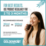Bionik GoldenRoot Liver Care Juice in a 500ml bottle, organic herbal fruit juice for liver wellness by Goldenroot.