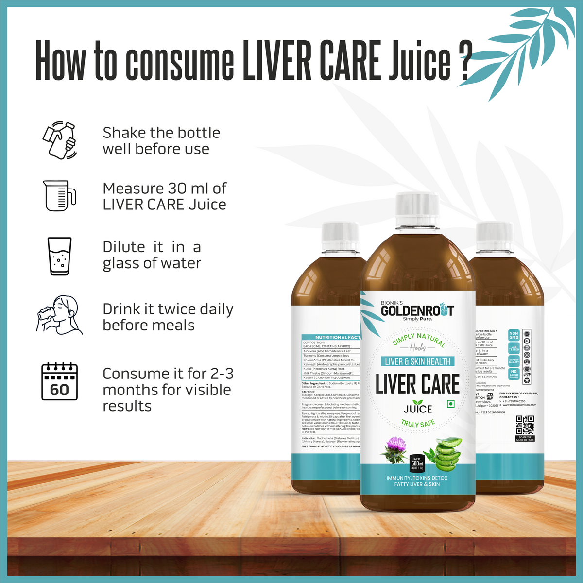Organic GoldenRoot Liver Care Juice by Bionik, herbal fruit juice in a 500 ml bottle for liver wellness and detox.