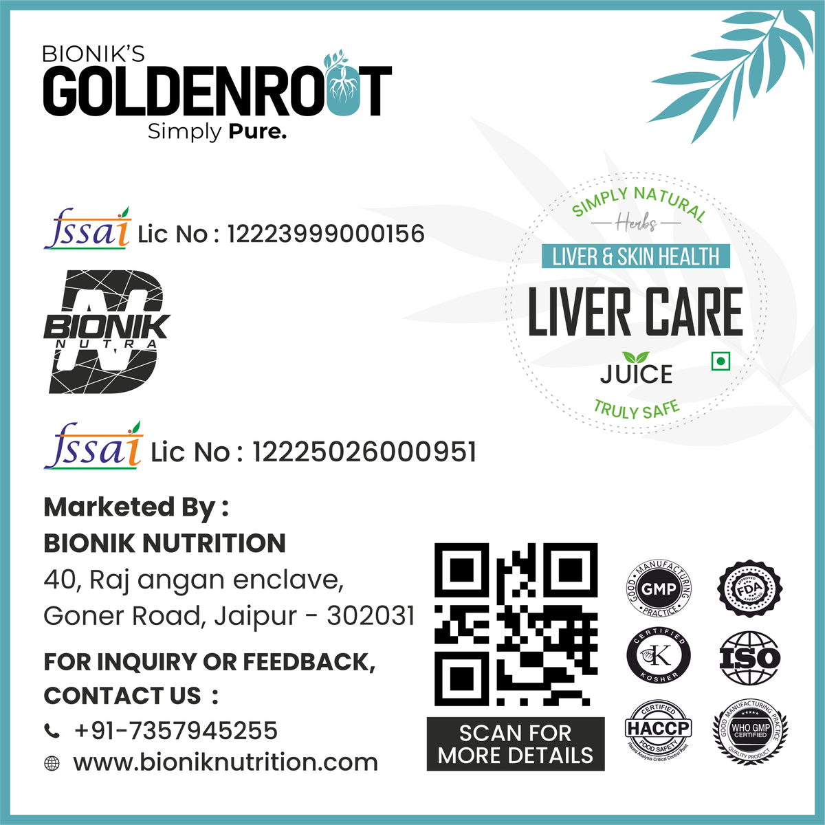 Goldenroot Organic Fruit Juice bottle featuring herbal liver wellness ingredients, 500 ml Bionik GoldenRoot Liver Care Juice.