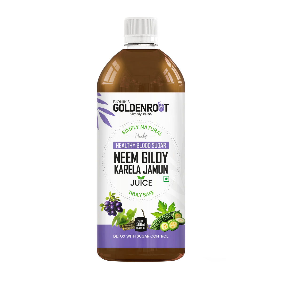Organic GoldenRoot Neem Giloy Karela Jamun Juice in 500ml bottle, showcasing the golden-yellow liquid inside a clear glass bottle.
