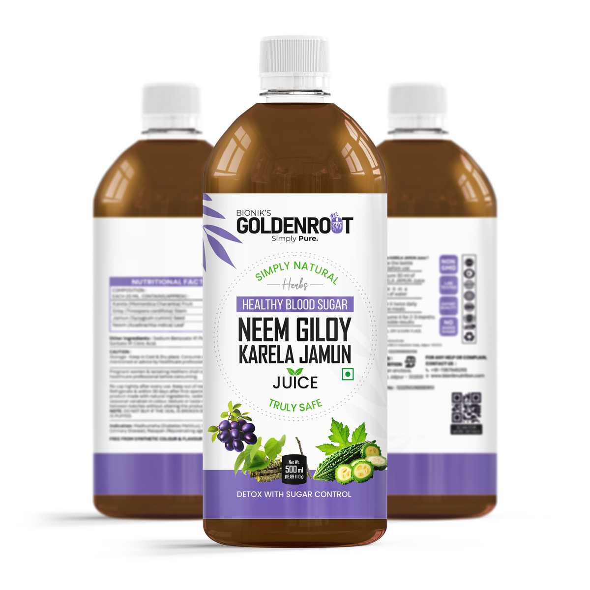 Goldenroot Bionik organic fruit juice bottle featuring Neem, Giloy, Karela, and Jamun in a 500ml container.