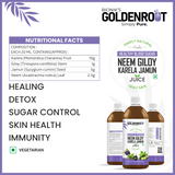 Goldenroot organic fruit juice bottle with neem, giloy, karela, and jamun ingredients in a 500 ml container.