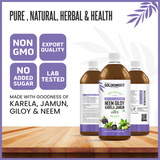 GoldenRoot Organic Neem Giloy Karela Jamun Juice 500ml bottle, natural fruit juice with fresh fruit imagery.