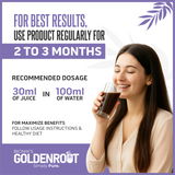 Organic Goldenroot Neem Giloy Karela Jamun Juice in a 500 ml bottle, featuring fresh fruit and herbal ingredients.