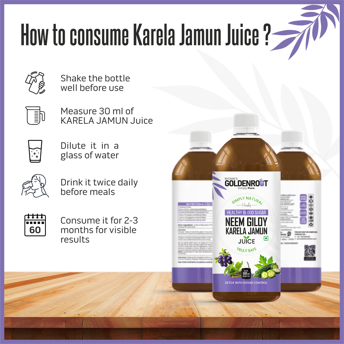 Organic GoldenRoot Neem Giloy Karela Jamun Juice in a 500 ml bottle, showcasing fresh fruit ingredients and vibrant label design.