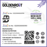 Organic Goldenroot Neem Giloy Karela Jamun Juice in 500ml bottle, showcasing the vibrant liquid inside.