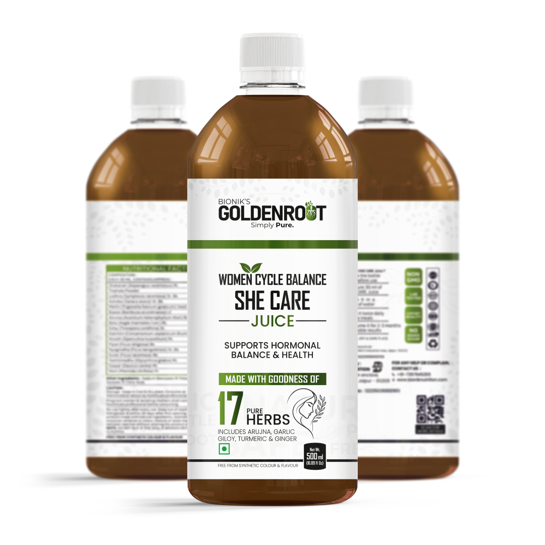 GoldenRoot She Care Juice for Women, organic herbal fruit juice in a 500ml bottle, natural herbal wellness beverage by Bionik