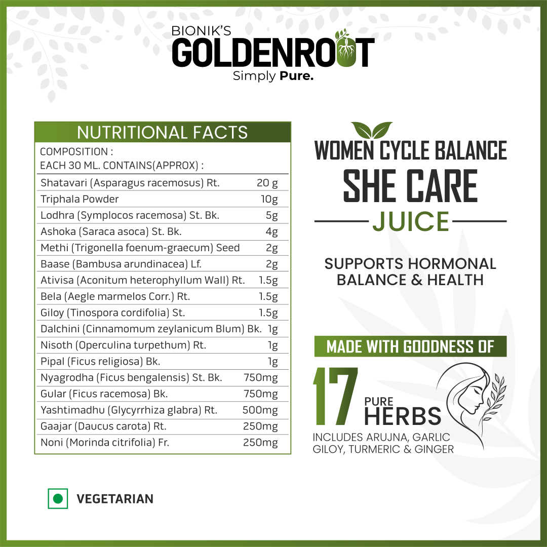 GoldenRoot She Care Juice for Women, organic herbal fruit juice in a 500ml bottle, natural wellness supplement from Bionik.