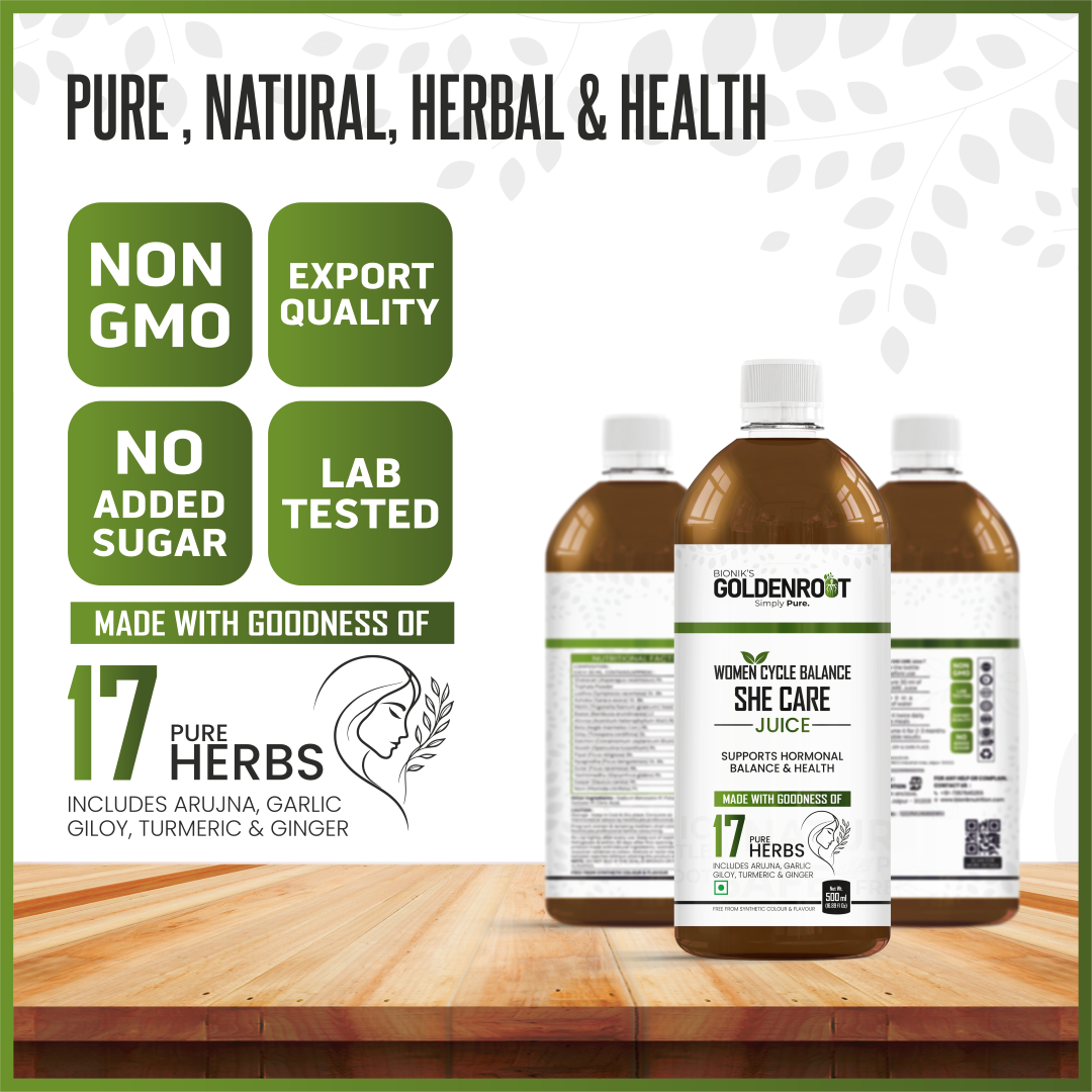 GoldenRoot organic fruit juice for women in a 500ml bottle, herbal wellness drink with fresh fruit visual on label.