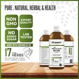 GoldenRoot organic fruit juice for women in a 500ml bottle, herbal wellness drink with fresh fruit visual on label.