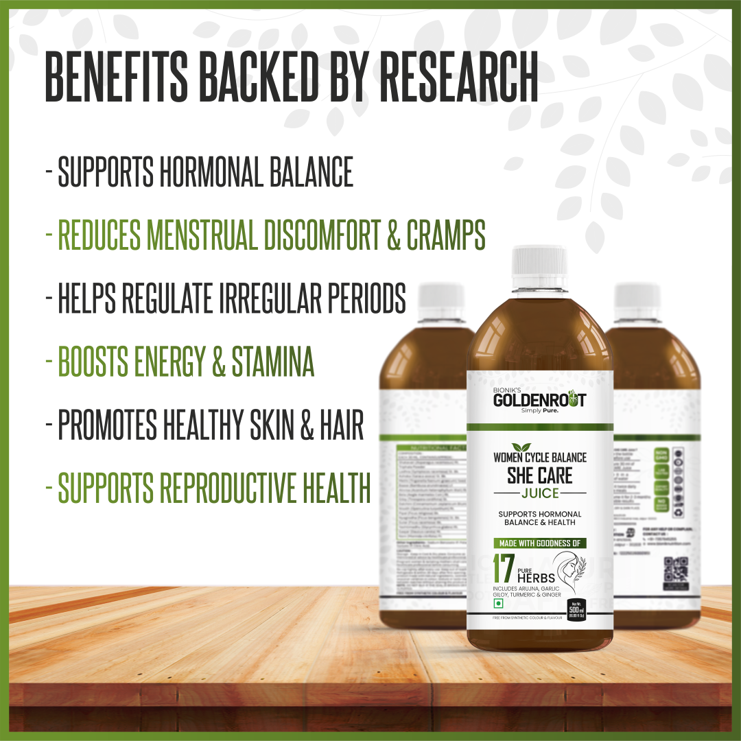 Goldenroot Organic Fruit Juice for Women, herbal wellness drink in a 500ml bottle with fresh fruit and herbal ingredients.