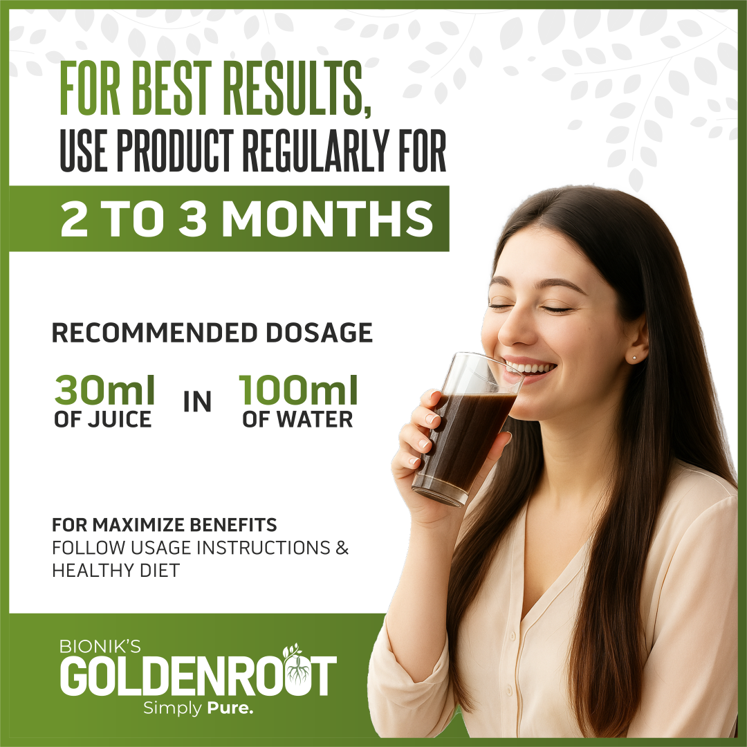 Goldenroot She Care Juice for Women, organic herbal fruit juice in a 500ml bottle, promoting wellness and natural health.