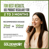 Goldenroot She Care Juice for Women, organic herbal fruit juice in a 500ml bottle, promoting wellness and natural health.
