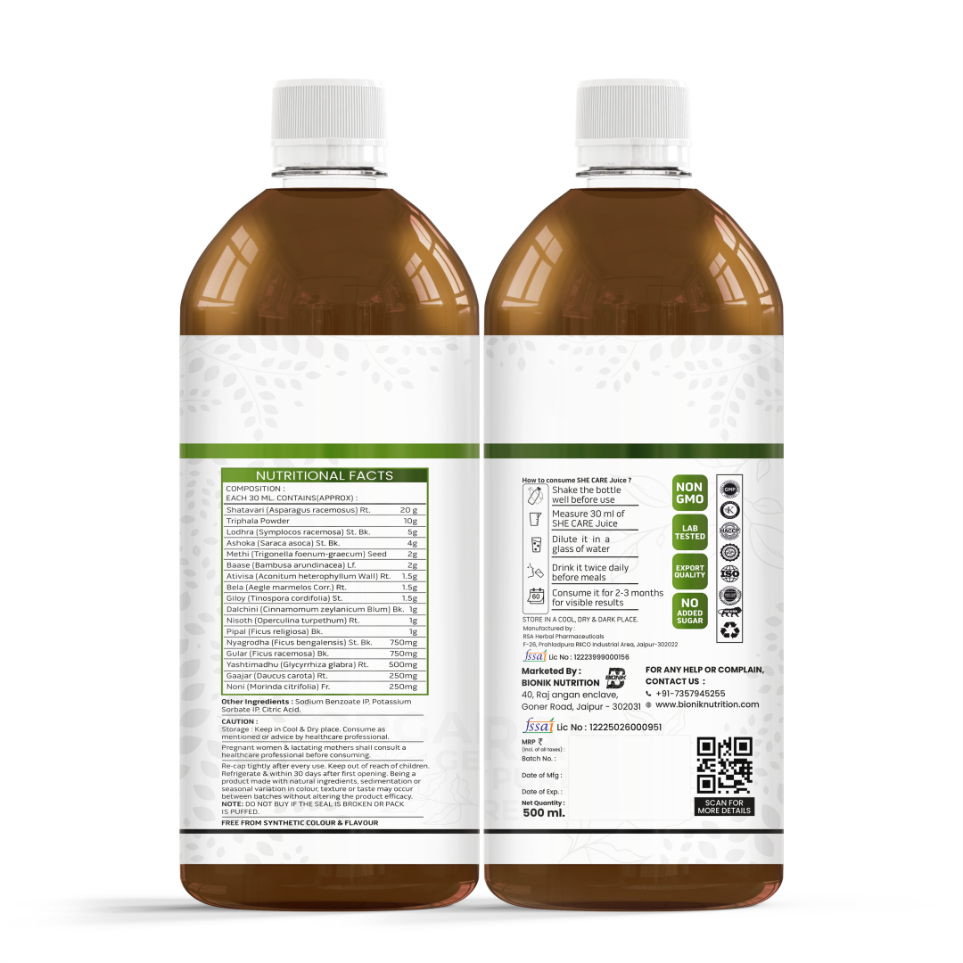 Goldenroot She Care Juice for Women, organic herbal fruit juice in a 500ml bottle, natural wellness beverage by Goldenroot.
