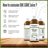 Goldenroot She Care Juice for Women in a 500ml glass bottle, herbal organic fruit juice by Goldenroot for wellness.