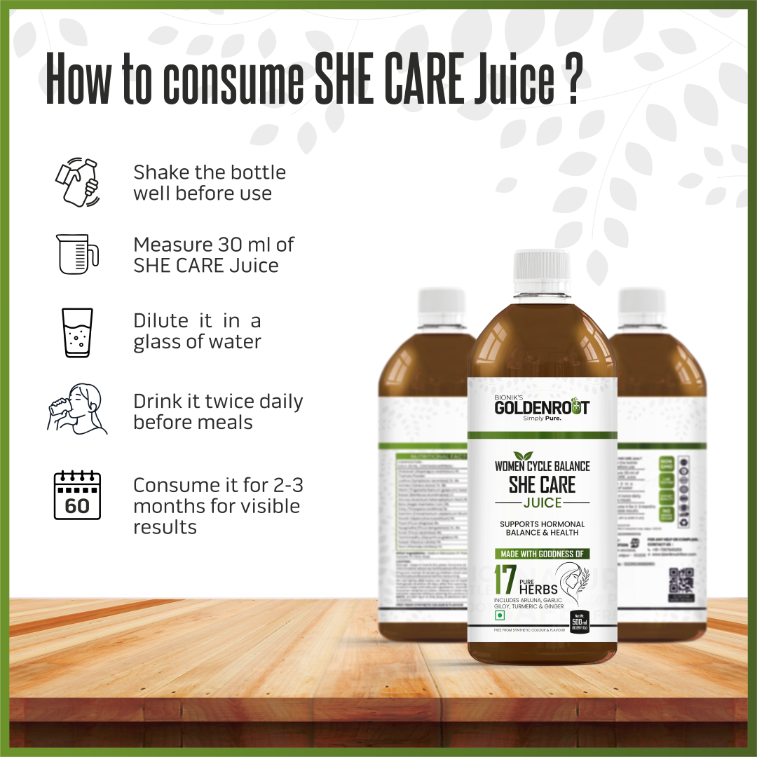 Goldenroot She Care Juice for Women in a 500ml glass bottle, herbal organic fruit juice by Goldenroot for wellness.
