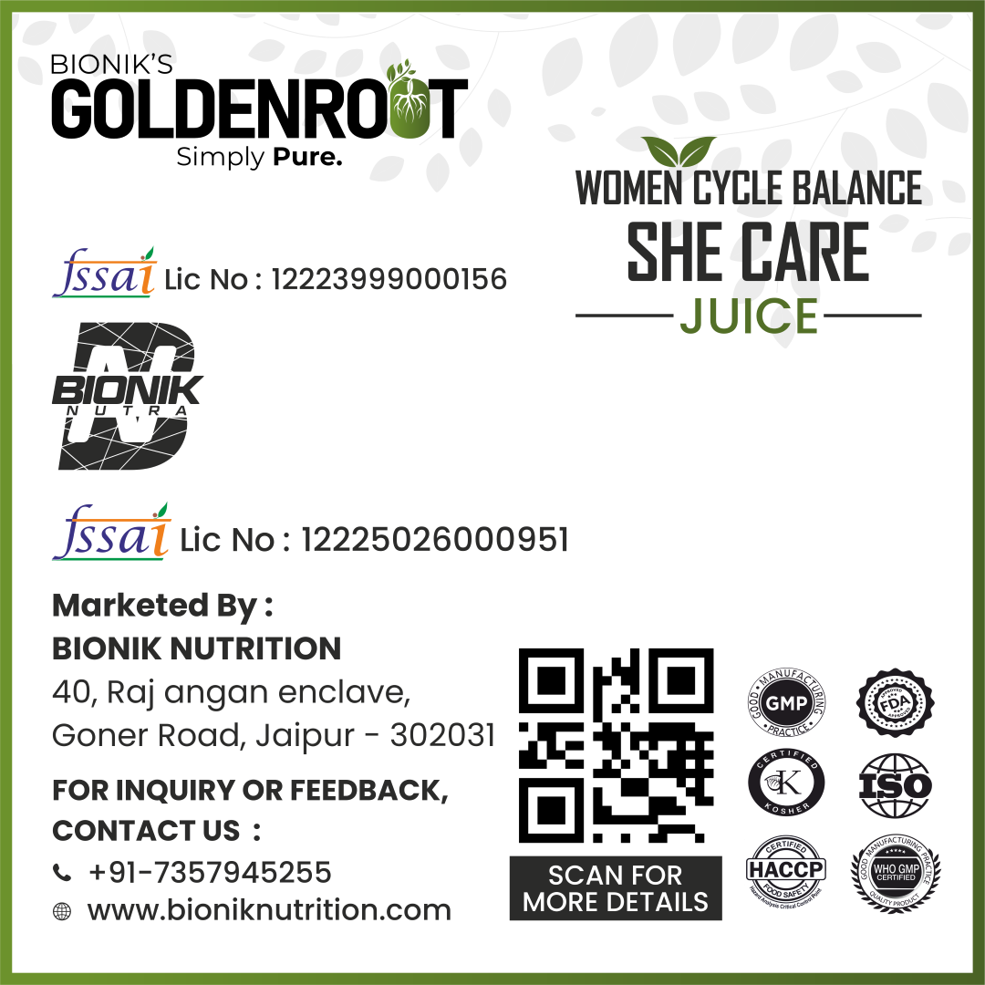 GoldenRoot She Care Juice for Women, organic herbal fruit juice in a 500ml bottle, natural wellness supplement.