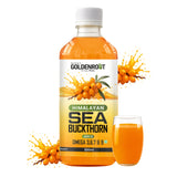 Goldenroot Himalayan Sea Buckthorn Juice in a 500ml bottle, organic fruit juice with vibrant orange color and fresh citrus flavor.