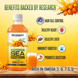 Goldenroot Himalayan Sea Buckthorn Juice in a 500ml bottle, organic fruit juice with vibrant orange color and natural sea buckthorn berries