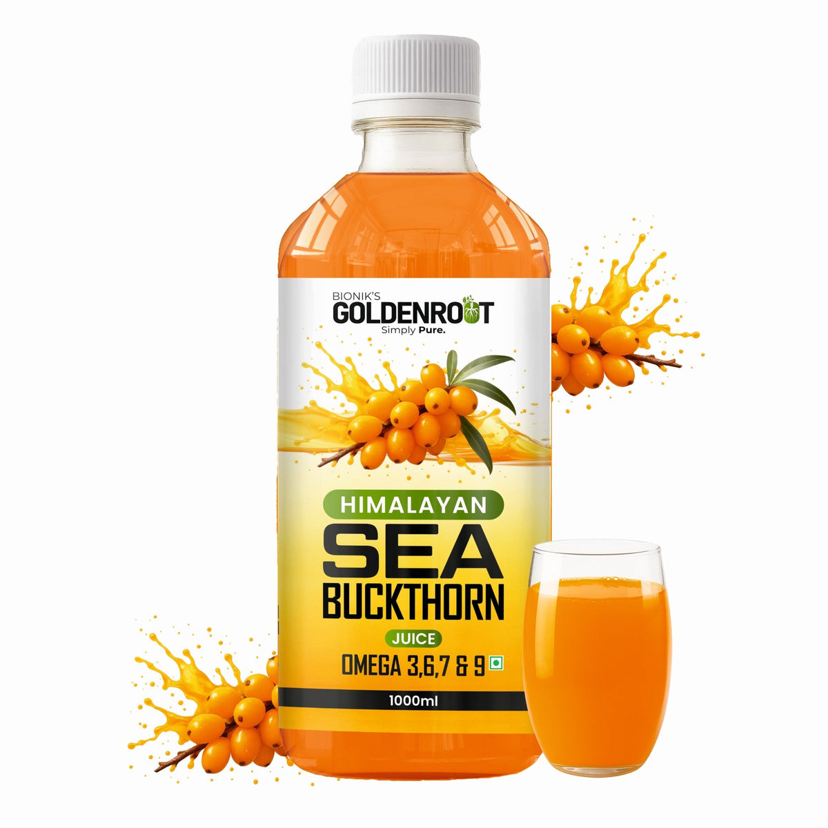 Goldenroot Himalayan Sea Buckthorn organic fruit juice in a 500ml bottle showing vibrant orange liquid and branding.