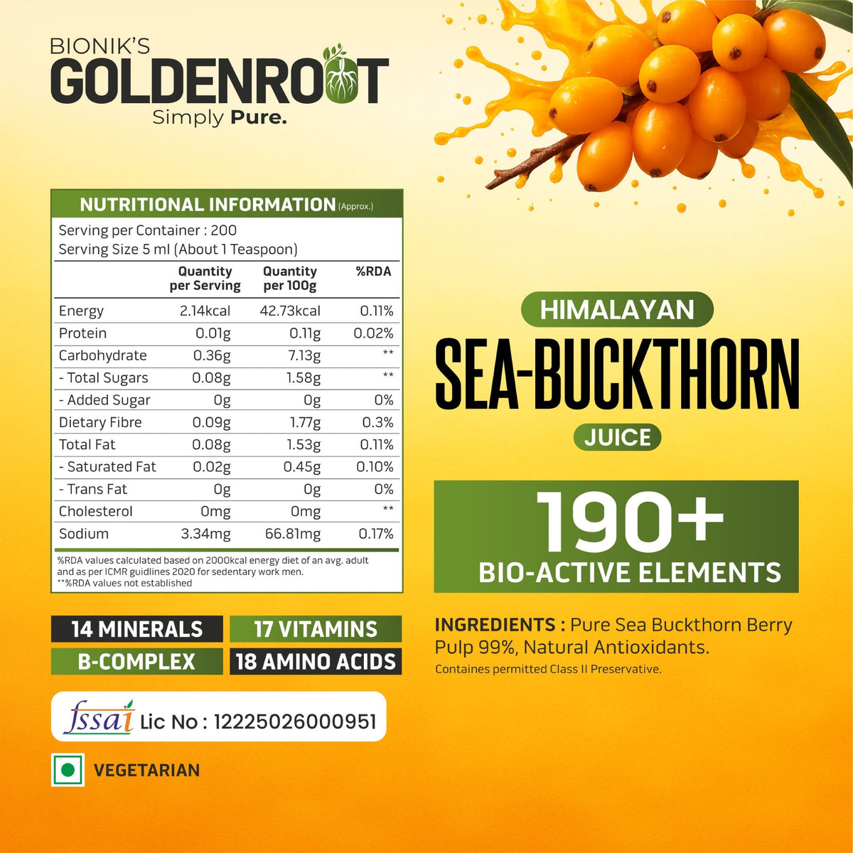Goldenroot Himalayan Sea Buckthorn Juice in a 500ml bottle, organic fruit juice with vibrant orange color and fresh fruit imagery.