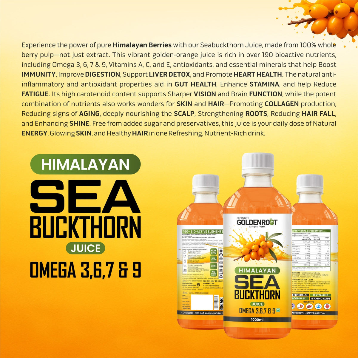 Goldenroot Himalayan Sea Buckthorn Juice in 500ml bottle, organic fruit juice with vibrant orange color and fresh fruit labels.