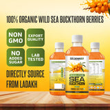 Goldenroot Himalayan Sea Buckthorn organic fruit juice in a 500ml bottle with vibrant orange liquid and fresh sea buckthorn berries.