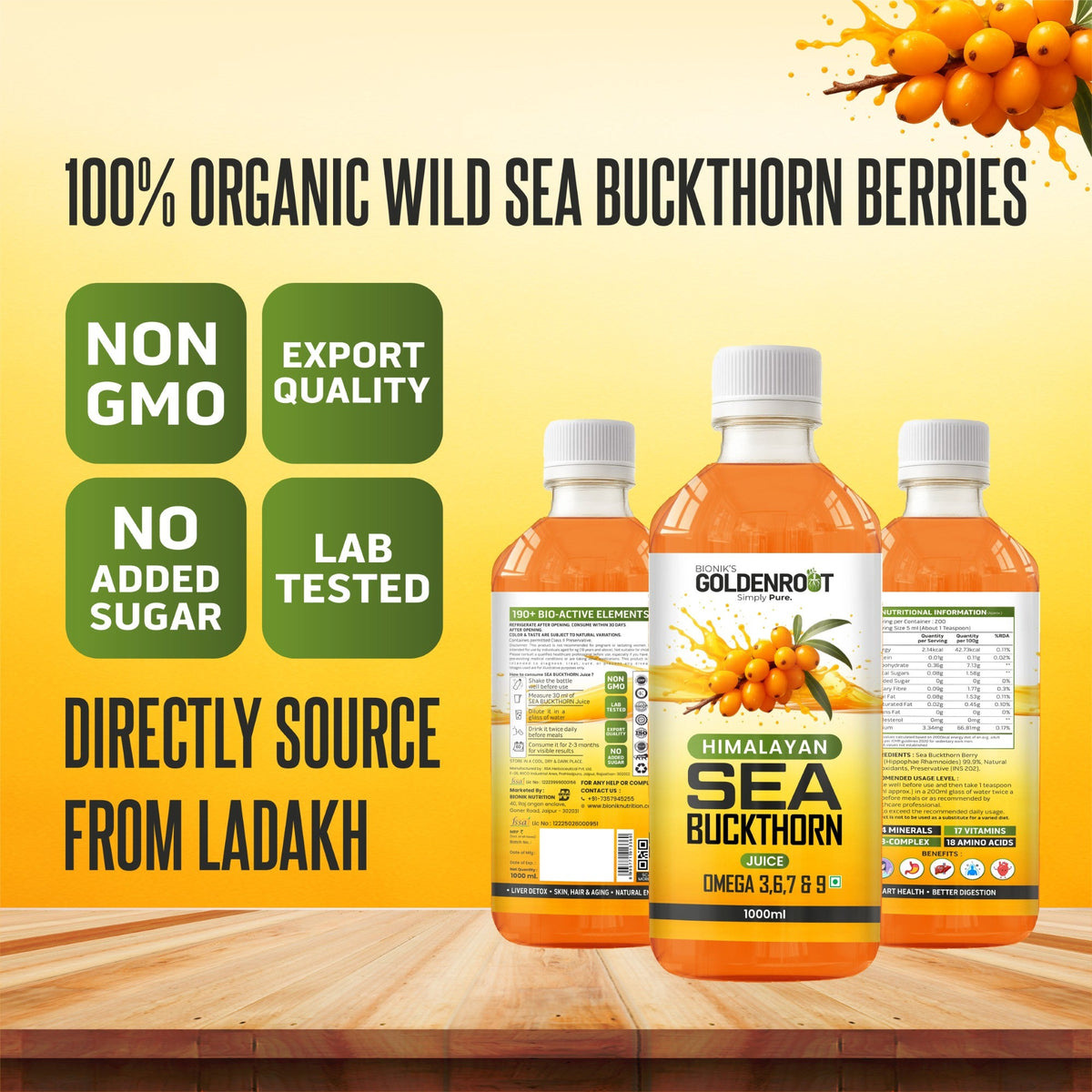 Goldenroot Himalayan Sea Buckthorn organic fruit juice in a 500ml bottle with vibrant orange liquid and fresh sea buckthorn berries.