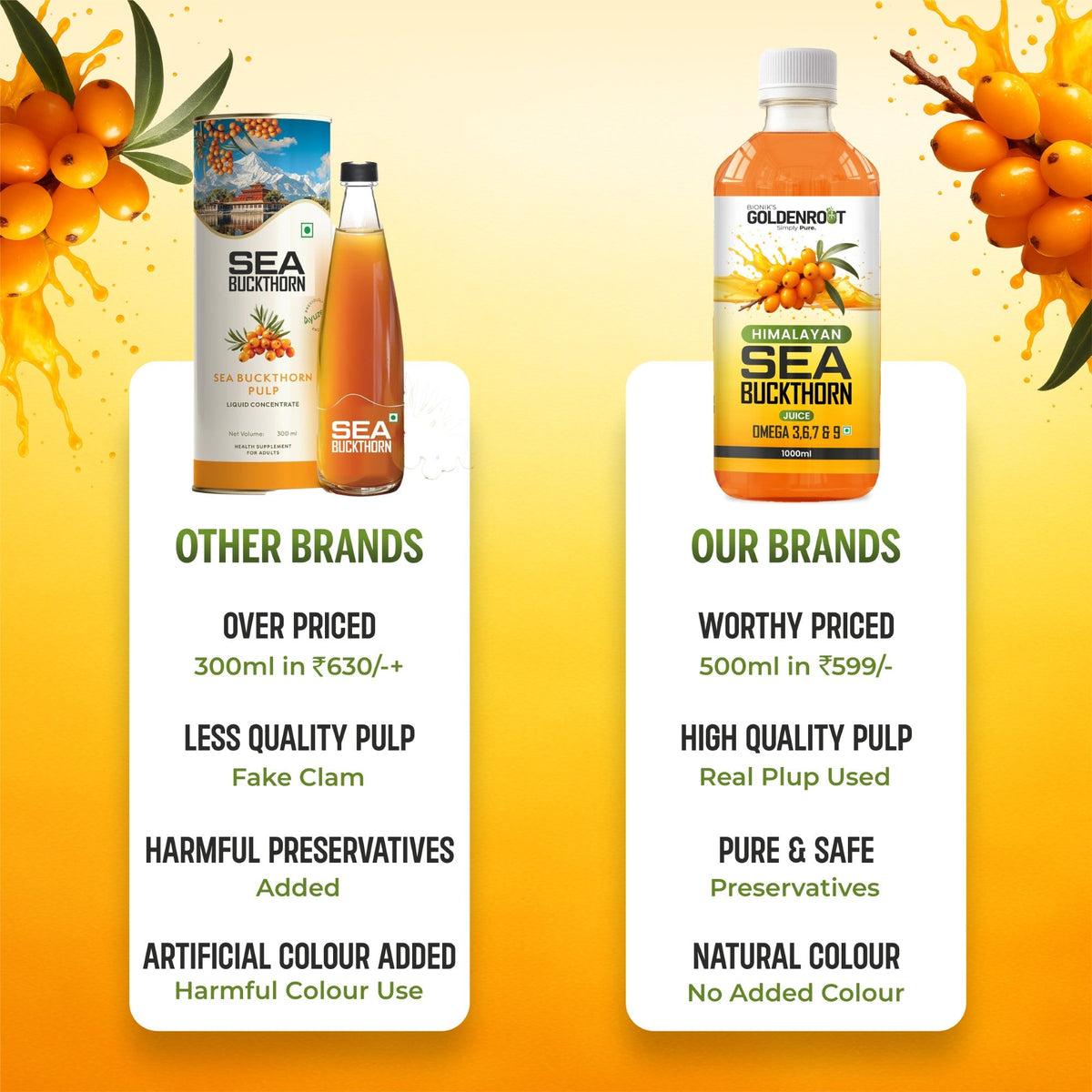 Goldenroot Himalayan Sea Buckthorn Juice in a 500ml bottle, organic fruit juice with vibrant orange color and fresh fruit imagery.