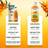 Goldenroot Himalayan Sea Buckthorn Juice in a 500ml bottle, organic fruit juice with vibrant orange color and fresh fruit imagery.