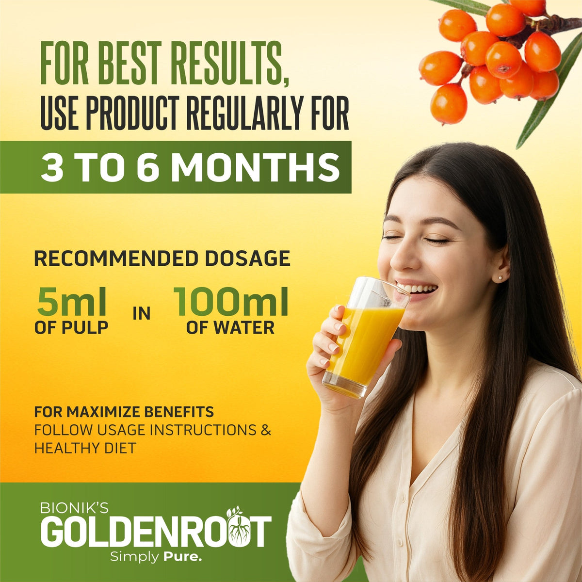 Goldenroot Himalayan Sea Buckthorn Organic Fruit Juice in a 500 ml bottle with vibrant orange color and fresh fruit label.