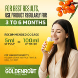 Goldenroot Himalayan Sea Buckthorn Organic Fruit Juice in a 500 ml bottle with vibrant orange color and fresh fruit label.