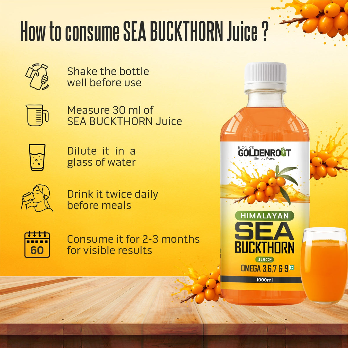 Goldenroot Himalayan Sea Buckthorn Juice in a 500ml bottle, vibrant orange organic fruit juice with fresh sea buckthorn berries.