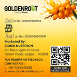 Goldenroot Himalayan Sea Buckthorn Juice in 500ml and 1000ml bottles, organic fruit juice with vibrant orange color and fresh fruit images.