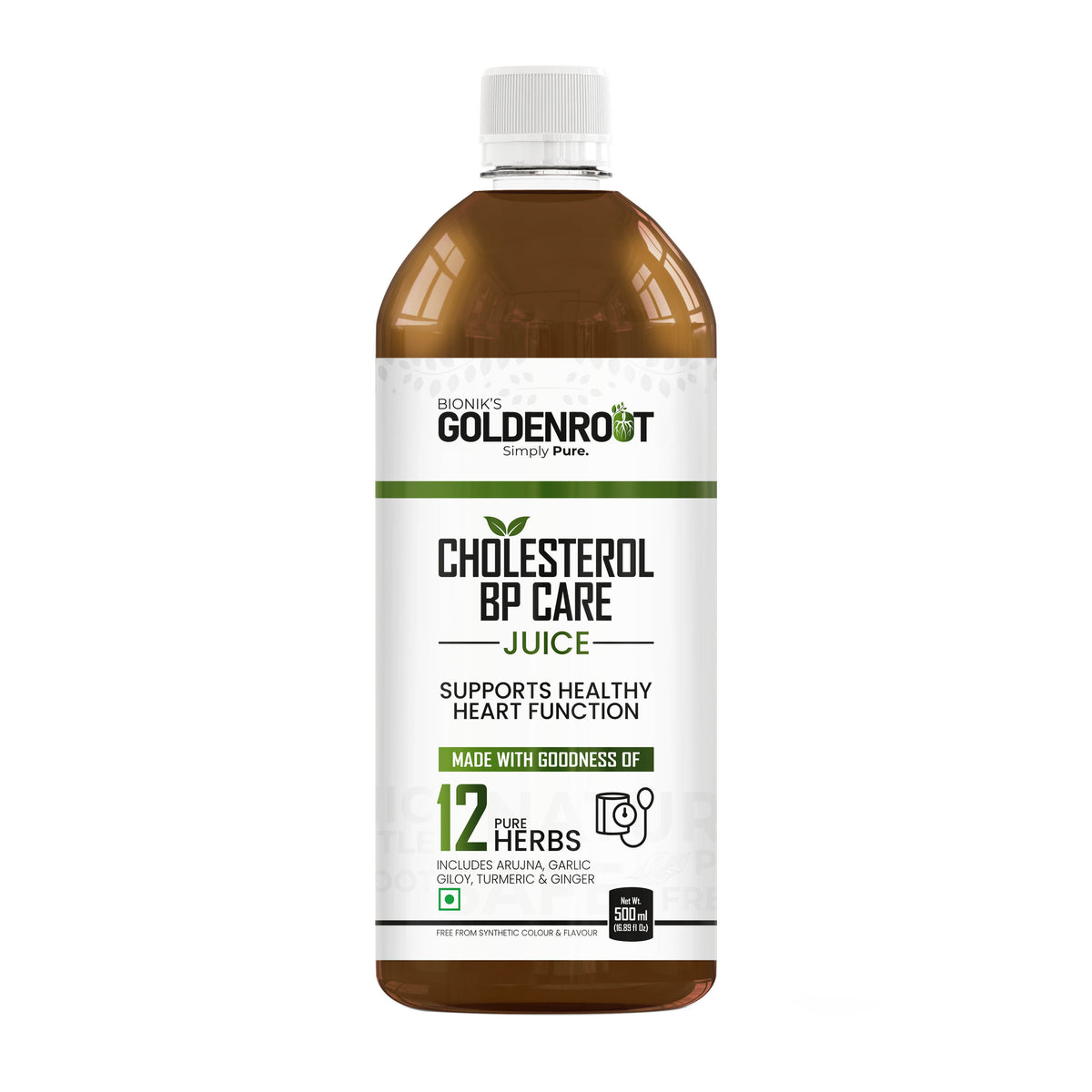 Bionik GoldenRoot Cholesterol BP Care Juice in 500ml bottle, organic fruit juice by Goldenroot with fresh fruit images.