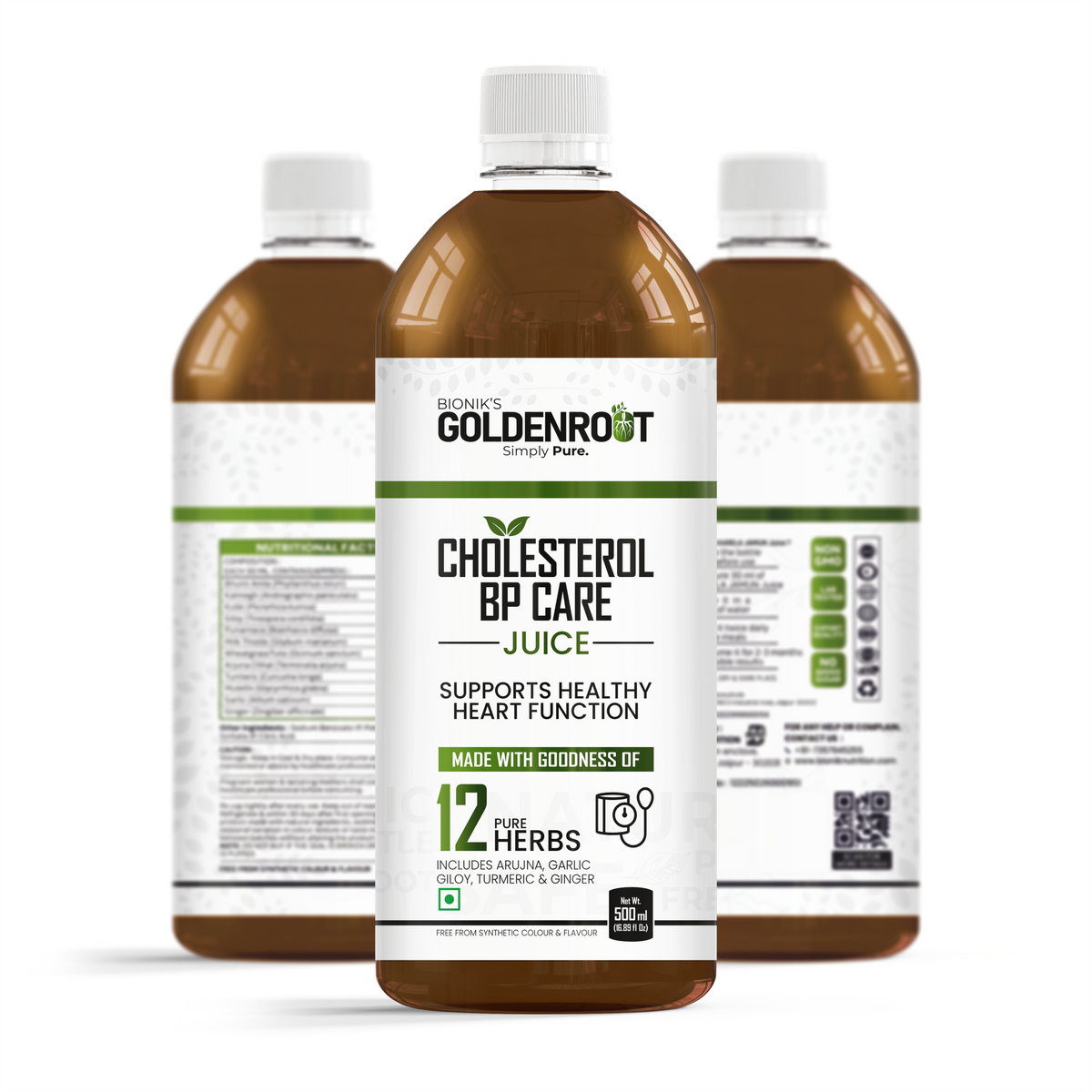 GoldenRoot Organic Fruit Juice in a 500 ml bottle, designed to support cholesterol health with natural ingredients.