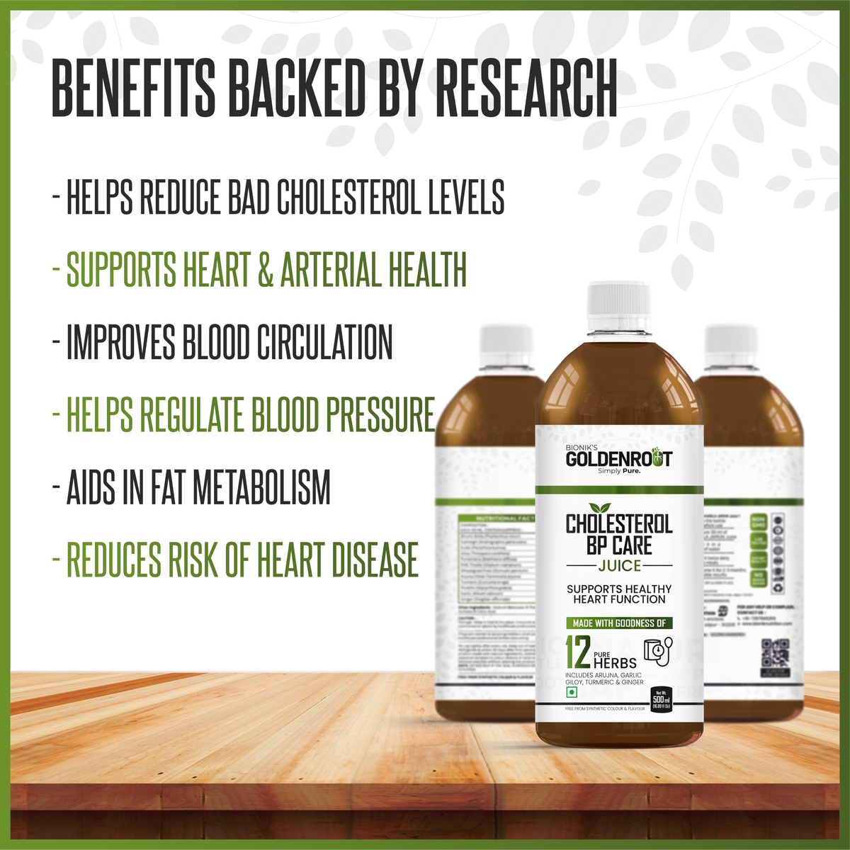 Bionik GoldenRoot Cholesterol BP Care Juice in 500 ml bottle, organic fruit juice by Goldenroot, with fresh fruit visuals.