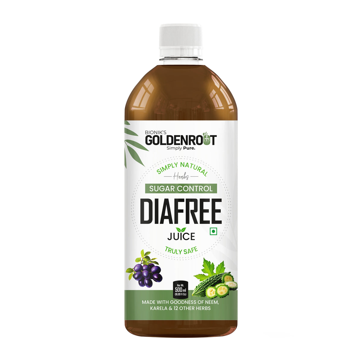Bionik GoldenRoot DiaFree herbal organic fruit juice in a 500ml bottle, promoting sugar wellness with natural ingredients.