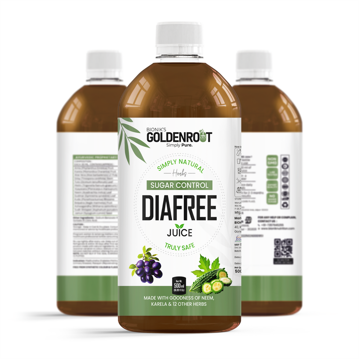 Bionik GoldenRoot DiaFree herbal organic fruit juice bottle, 500 ml, with golden liquid visible in a clear glass bottle.