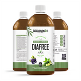 Bionik GoldenRoot DiaFree herbal organic fruit juice bottle, 500 ml, with golden liquid visible in a clear glass bottle.