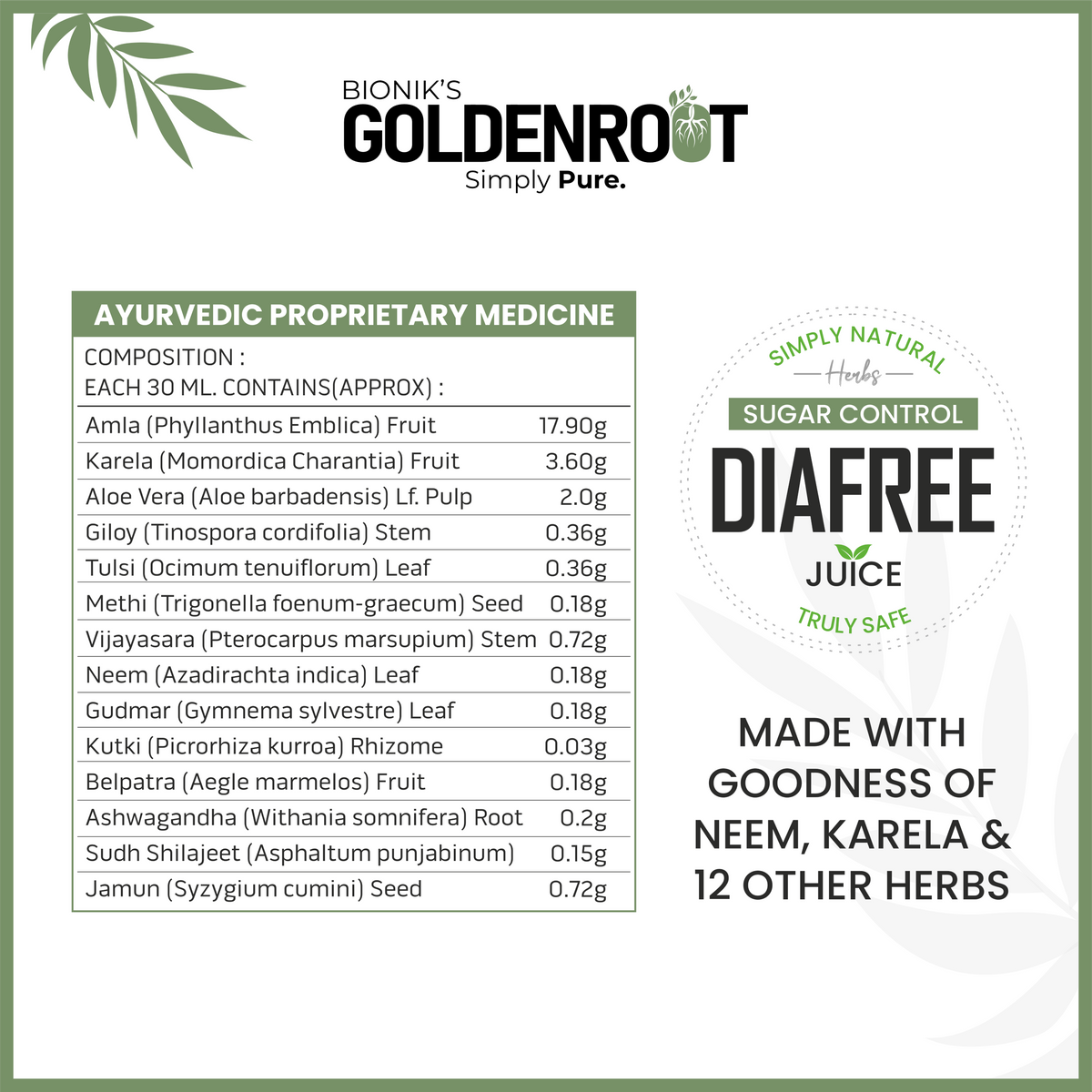 Bionik GoldenRoot DiaFree Organic Fruit Juice in 500ml bottle, herbal sugar wellness support, golden liquid with label.