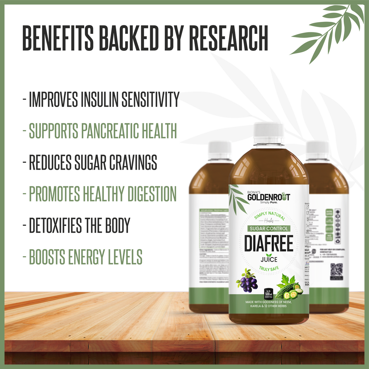 Bionik GoldenRoot DiaFree herbal organic fruit juice in 500ml bottle, promoting wellness and blood sugar support.
