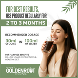 GoldenRoot DiaFree herbal organic fruit juice bottle, 500ml, with GoldenRoot branding and natural fruit imagery.