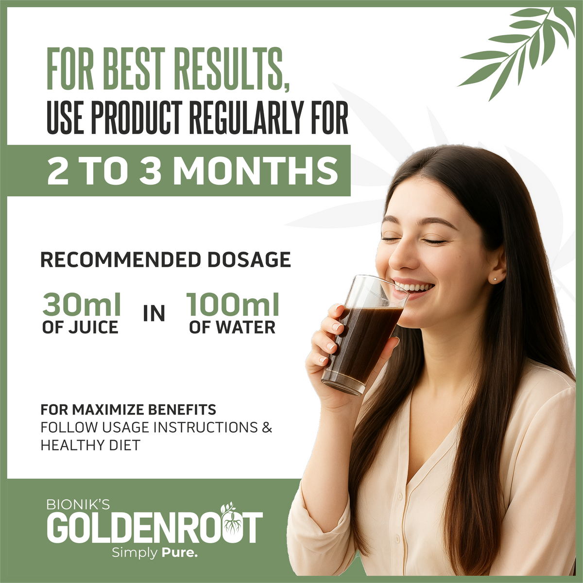 GoldenRoot DiaFree herbal organic fruit juice bottle, 500ml, with GoldenRoot branding and natural fruit imagery.