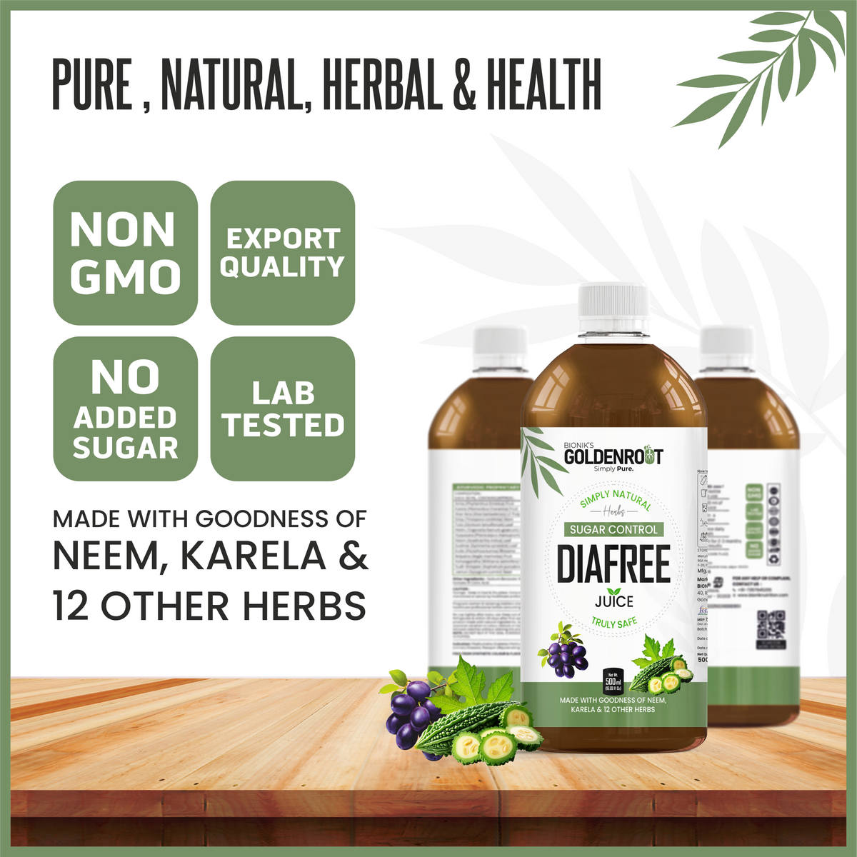 GoldenRoot DiaFree herbal organic fruit juice in a 500ml bottle, promoting sugar wellness support.