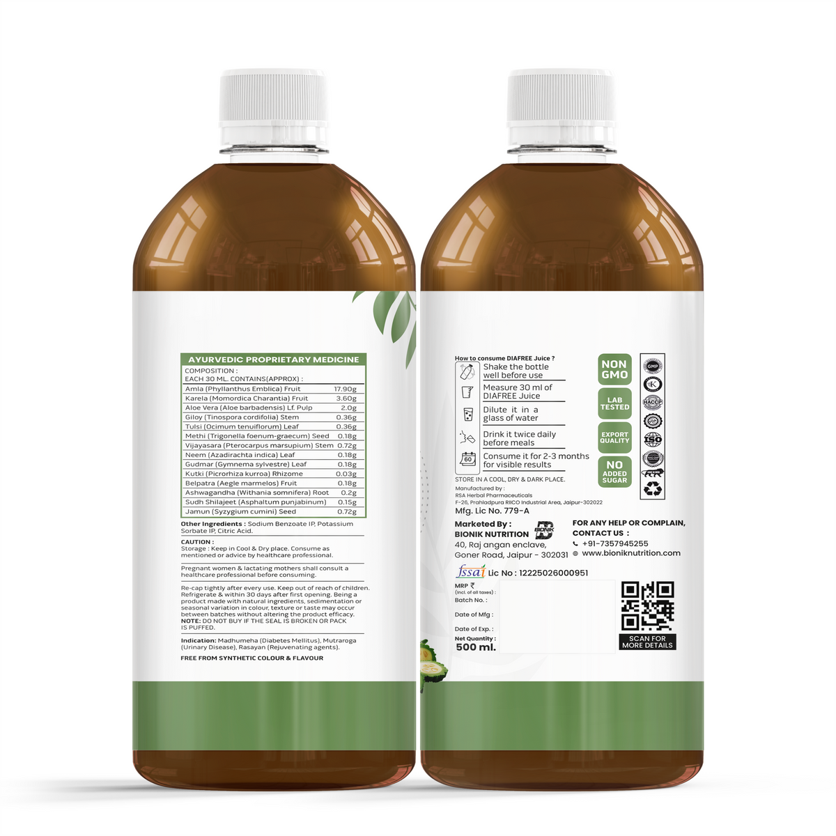 GoldenRoot DiaFree herbal organic fruit juice in a 500ml bottle, promoting sugar wellness support with natural ingredients.