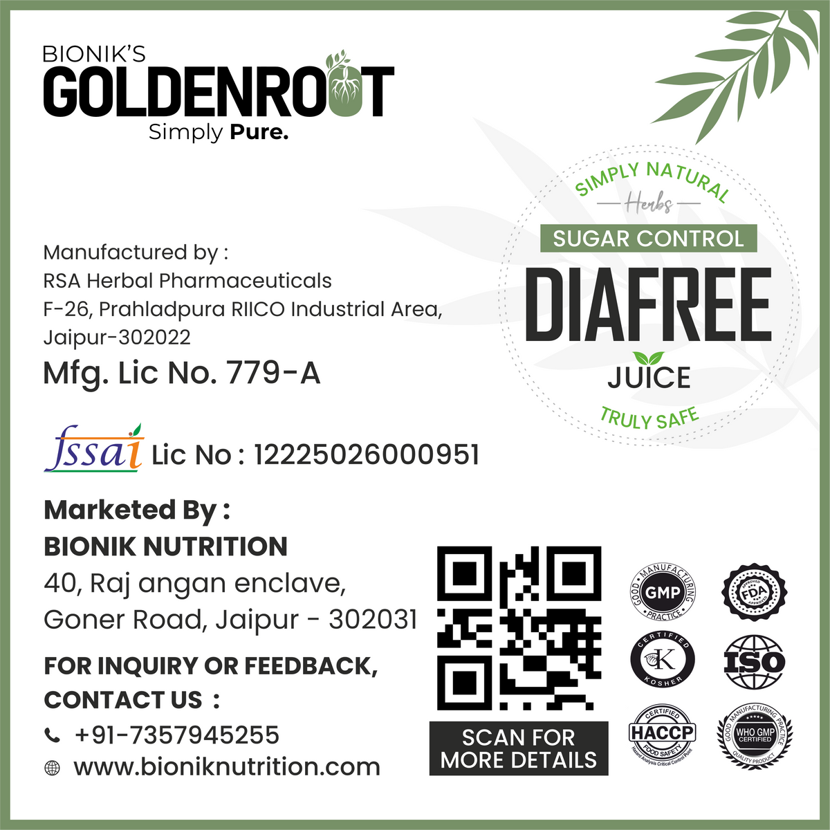 Bionik GoldenRoot DiaFree herbal organic fruit juice in a 500ml bottle, promoting sugar wellness and natural health support.